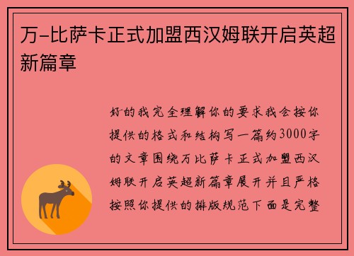 万-比萨卡正式加盟西汉姆联开启英超新篇章